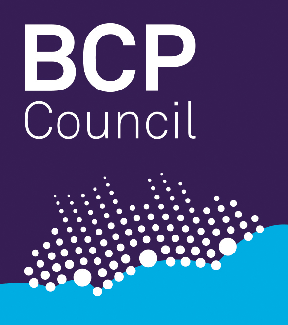 BCP Council logo with white text on a dark purple square above a pattern of white dots forming a stylised shoreline over a bright blue wave.