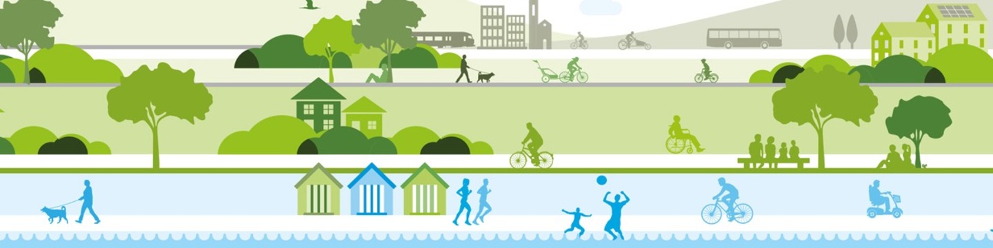 banner image showing people traveling around the community on foot, bicycle, wheelchair, etc