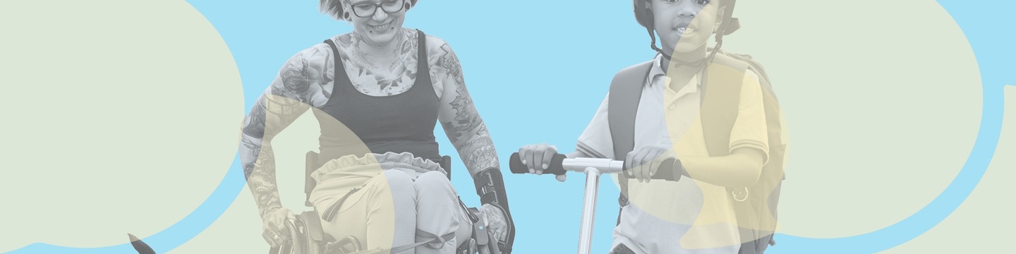 Banner image shows a wheelchair user and a child using a scooter.