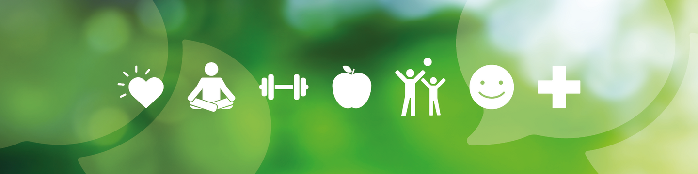 White icons sit in a row on a soft green background. The icons show a heart with lines suggesting brightness, a person meditating, a weight for physical activity, an apple, two figures celebrating, a smiling face and a medical cross.