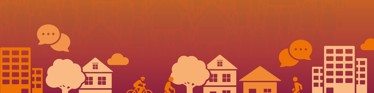 Illustration of a local community with homes, flats and green spaces, showing people moving around the area and speech bubbles to represent community voices and consultation.