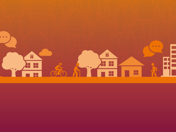 Illustration of a local community with homes, flats and green spaces, showing people moving around the area and speech bubbles to represent community voices and consultation.