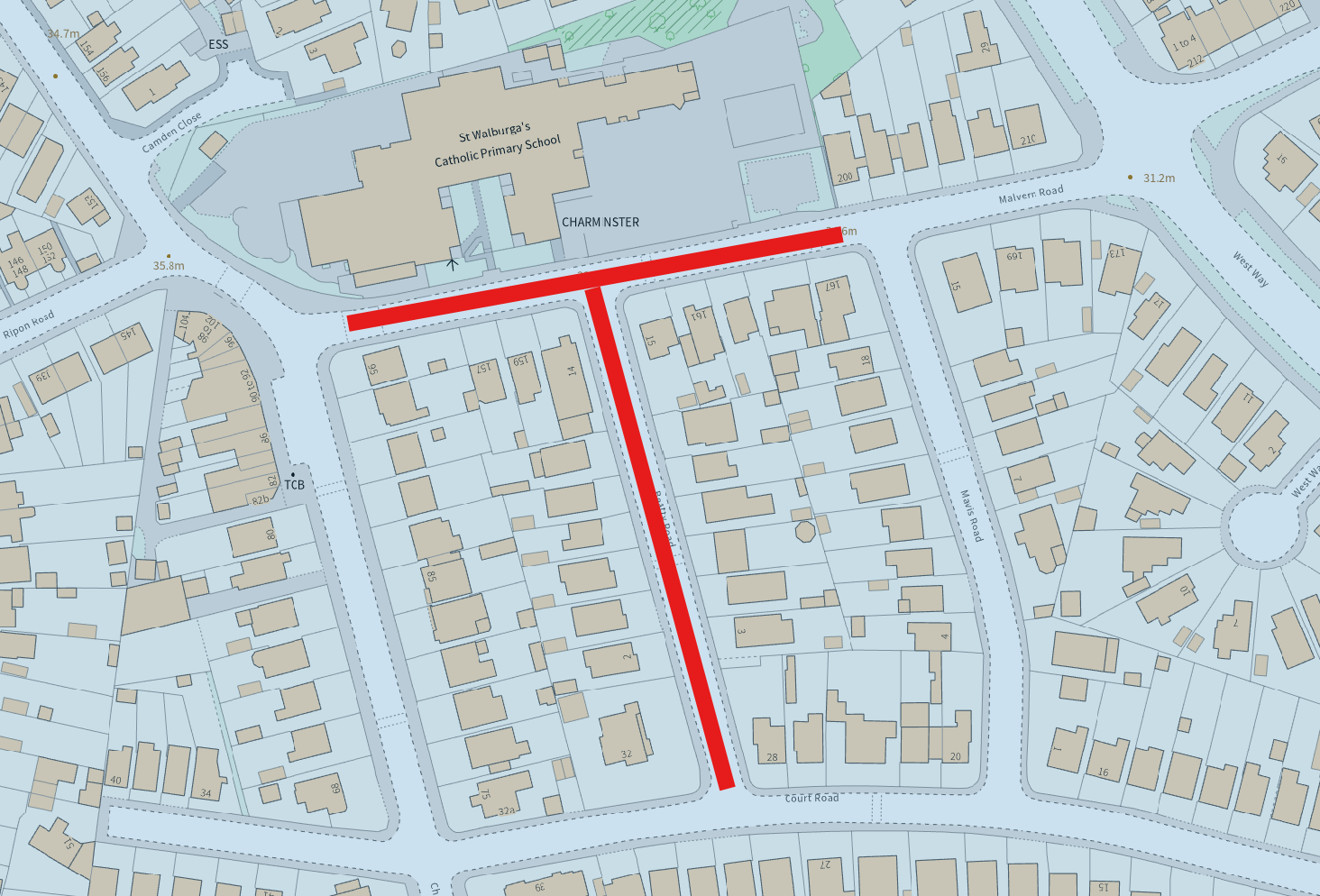 Map highlighting the section of Malvern Road (between junctions with Charminster Avenue and Mavis Road) and the whole of Beatty Road, which will be affected by the School Streets closures